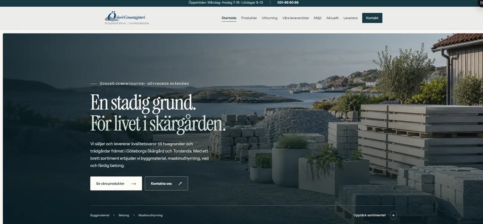 Öckerö Cementgjuteris startsida med skärgårdsbild och tydliga vägar till sortiment och kontakt